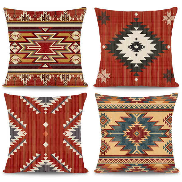 4Pcs Ethnic Bohemia Geometric Pillowcase Aztec Western Abstract Pattern Cushion Cover Red Aztec Style Pillowcase Home Decor