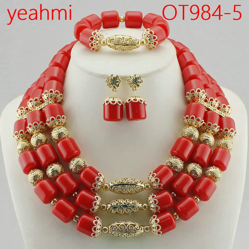 Nigeria Wedding Jewelry Set Imitation Coral Beads Golden Pendant Necklace for Women Resin Material African Bride Accessorise