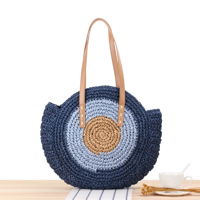 Round Straw Beach Bag Vintage Handmade Woven Shoulder Bag Raffia Circle Rattan Bags Bohemian Summer Vacation Casual Bags