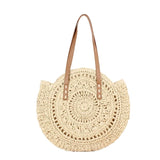 Round Straw Beach Bag Vintage Handmade Woven Shoulder Bag Raffia Circle Rattan Bags Bohemian Summer Vacation Casual Bags