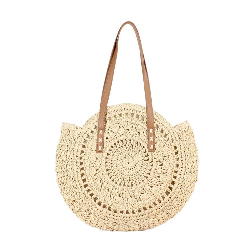 Round Straw Beach Bag Vintage Handmade Woven Shoulder Bag Raffia Circle Rattan Bags Bohemian Summer Vacation Casual Bags