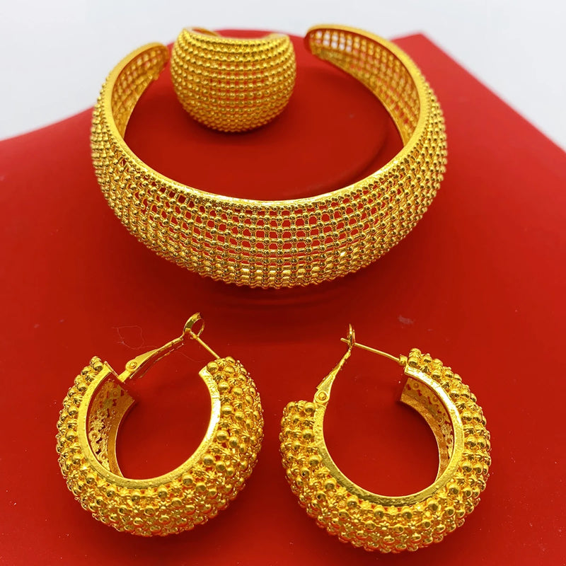 Luxury Dubai Gold Plated Bracelet Ring Earrings 3pcs Jewelry Sets