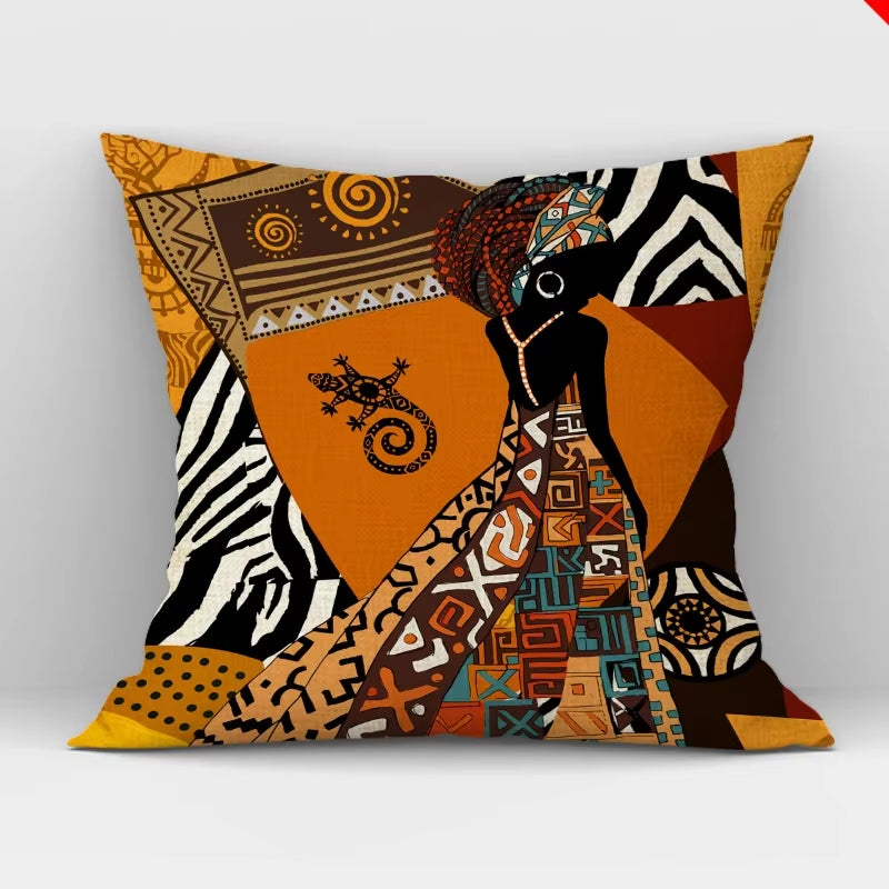 African Women Print Cushion Cover Ethnic Style Decorative Pillowcase, Throw Pillow Cover for Home Sofa Decor