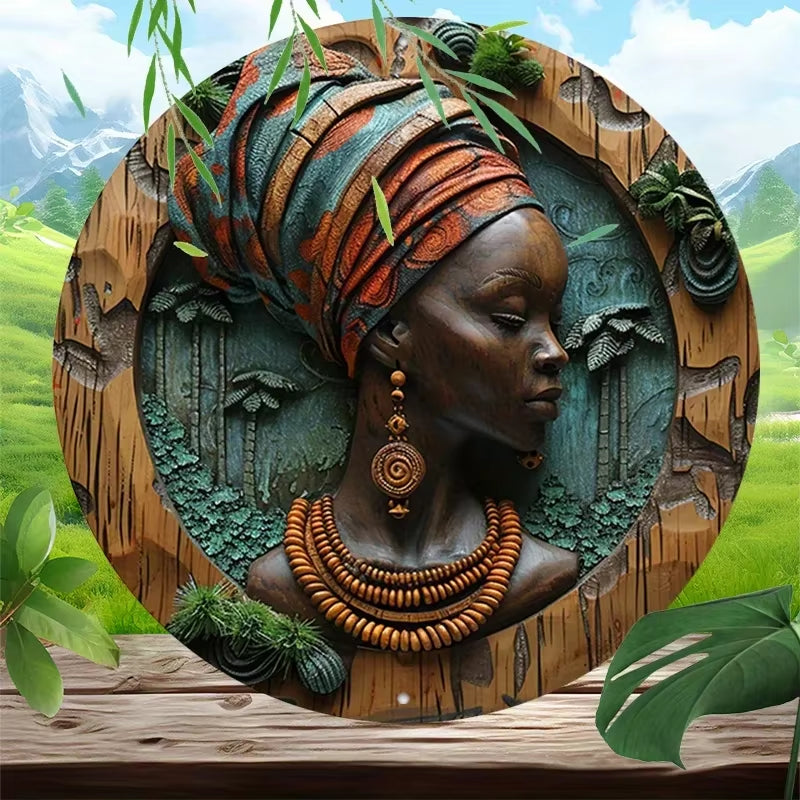 Vintage-Inspired 8X8" Aluminum Wreath Sign with Carved African Woman Design - Weatherproof & Easy to Hang for Home