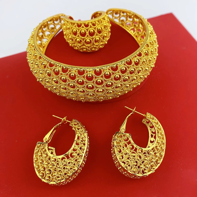 Luxury Dubai Gold Plated Bracelet Ring Earrings 3pcs Jewelry Sets