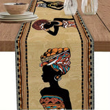 Boho Ethinic African Woman Linen Table Runners Dresser Scarf Table Decor Farmhouse Holiday Wedding Kitchen Dining Party Decor