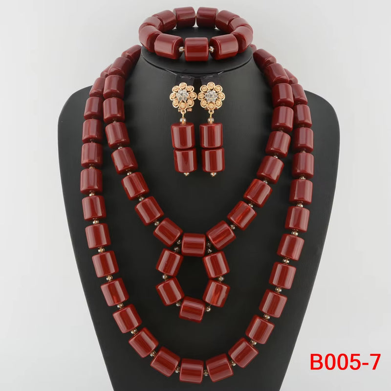 Nigeria Wedding Jewelry Set Imitation Coral Beads Golden Pendant Necklace for Women Resin Material African Bride Accessorise