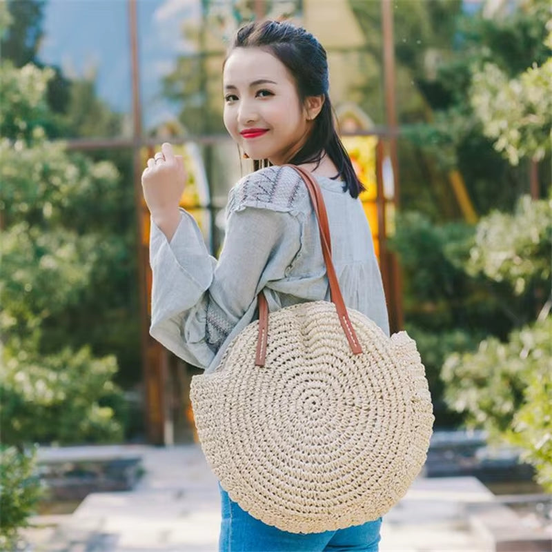 Round Straw Beach Bag Vintage Handmade Woven Shoulder Bag Raffia Circle Rattan Bags Bohemian Summer Vacation Casual Bags